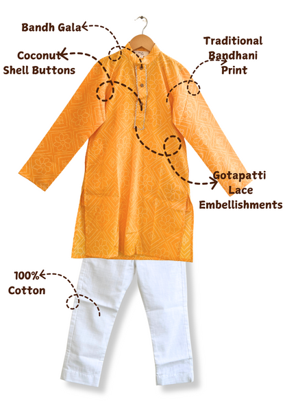 Boys Cotton Full Sleeves Bandhani Kurts Dhoti Set With Gotapatti Work