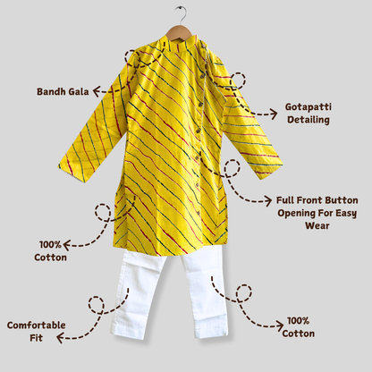 Boys Cotton Full Sleeves Leheriya Kurta Pajama Set With Gotapatti Work