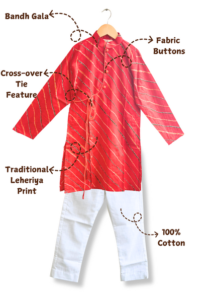 Boys Cotton Full Sleeves Leheriya Kurta Pajama Set With Gotapatti Work