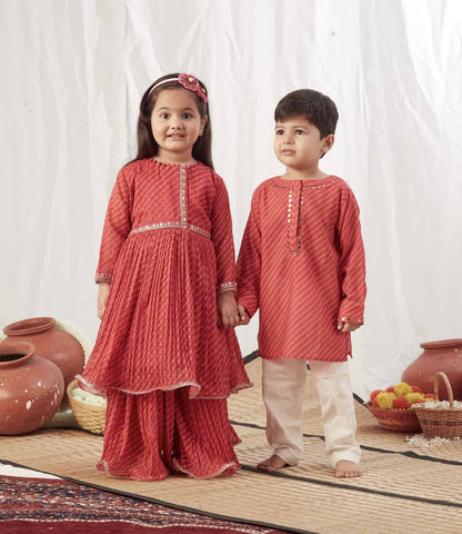 RED LEHERIYA KURTA WITH PANTS