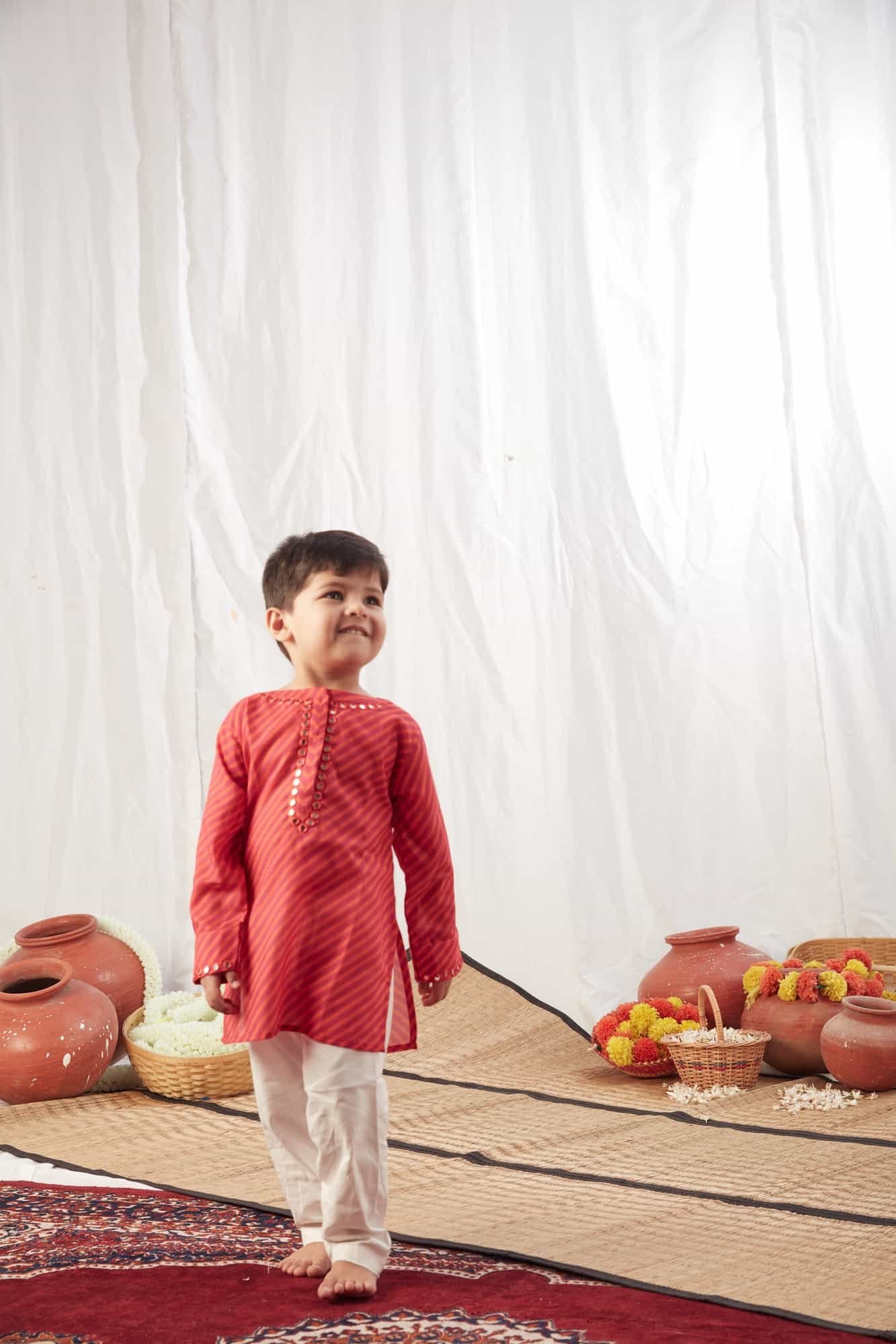 RED LEHERIYA KURTA WITH PANTS