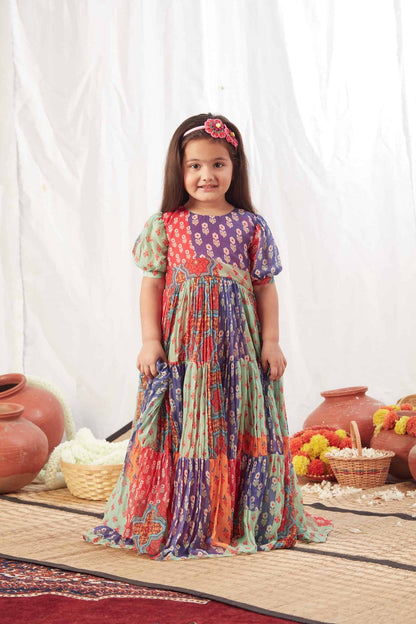 BLOCK PRINT MULTICOLOUR FLOWY DRESS.