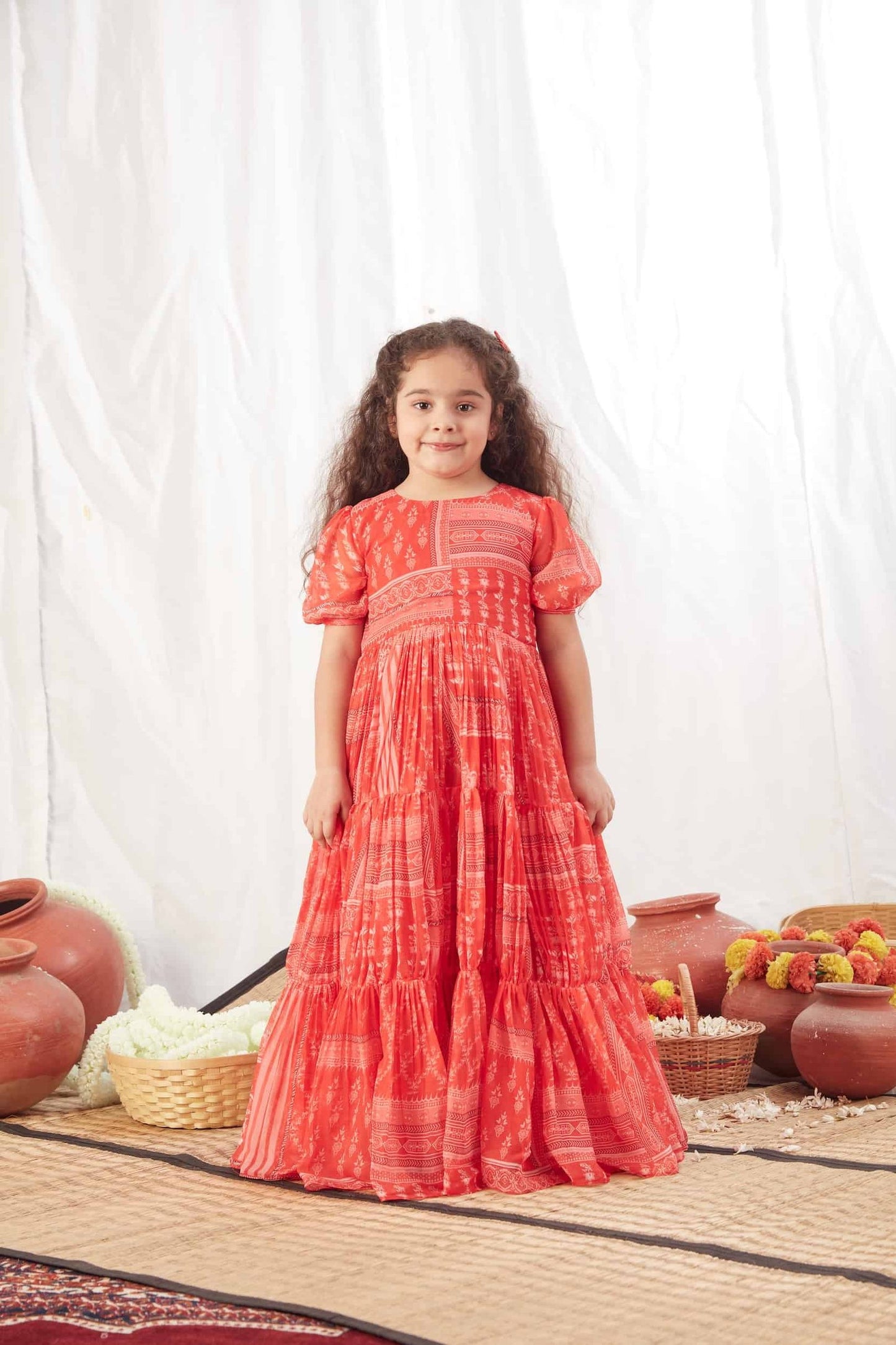 RED BLOCK PRINT FLOWY DRESS