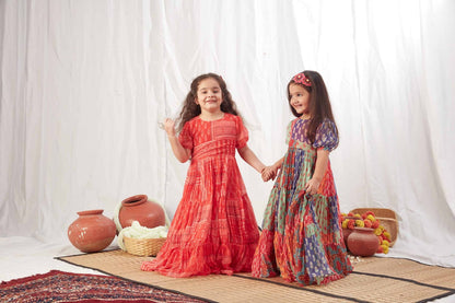 RED BLOCK PRINT FLOWY DRESS