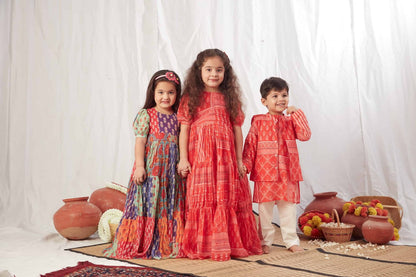 RED BLOCK PRINT FLOWY DRESS