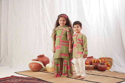 GREEN BLOCK PRINT SHARARA SET WITH DUPATTA