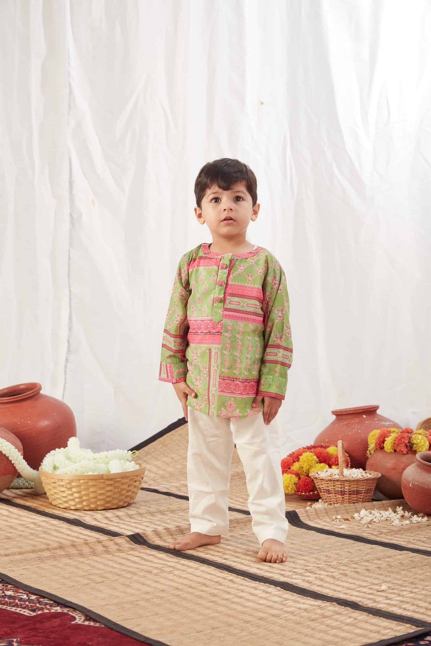 GREEN BLOCK PRINT SHIRT KURTA WITH PANTS