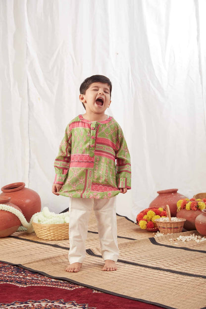 GREEN BLOCK PRINT SHIRT KURTA WITH PANTS