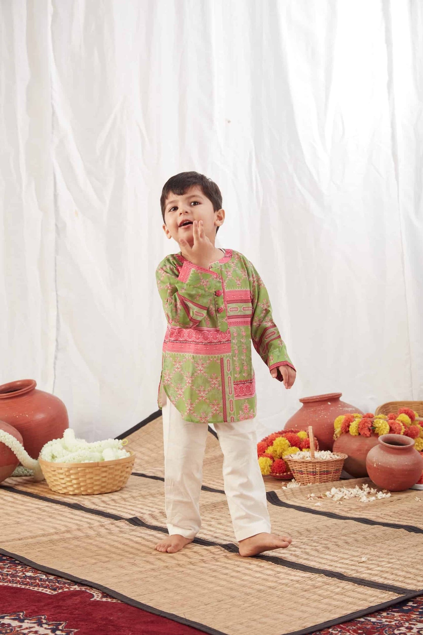 GREEN BLOCK PRINT SHIRT KURTA WITH PANTS