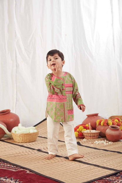 GREEN BLOCK PRINT SHIRT KURTA WITH PANTS