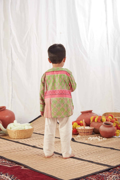 GREEN BLOCK PRINT SHIRT KURTA WITH PANTS