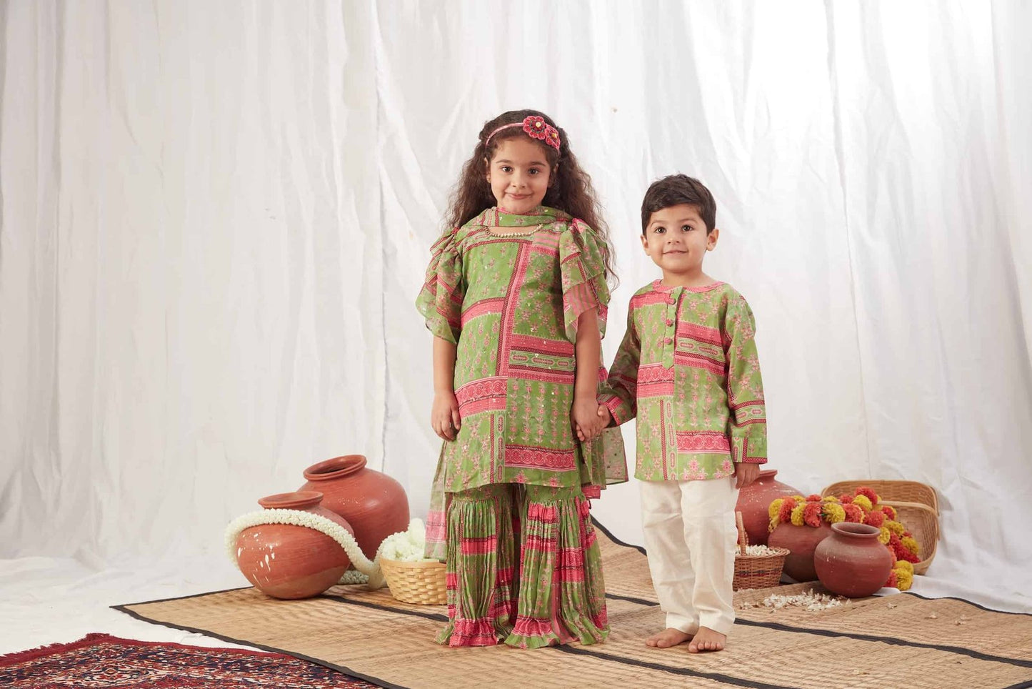 GREEN BLOCK PRINT SHIRT KURTA WITH PANTS