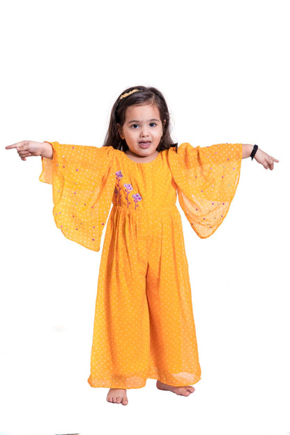 YELLOW BANDHANI JUMPSUIT WITH EMBROIDERY