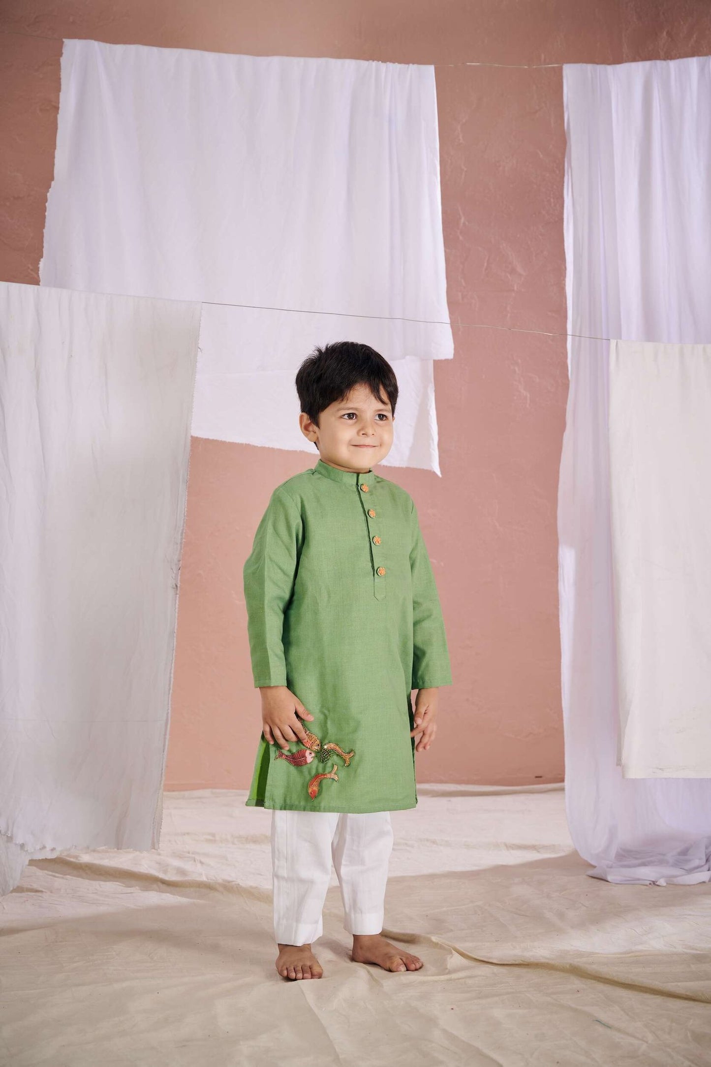 GREEN FISH PATCH KURTA SET