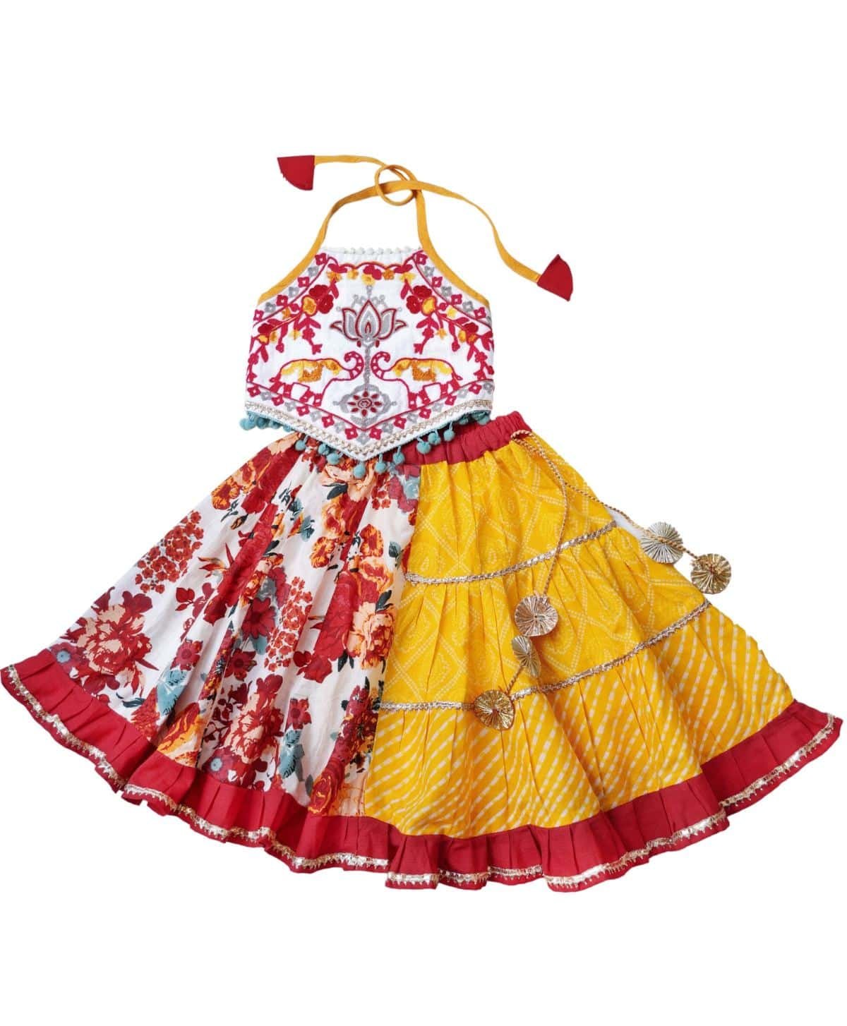 SLEEVELSS PLEATED LEHENGA CHOLI FLORAL BANDHANI