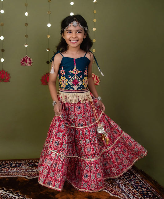 Rangrez Ajrakh Cotton Lehenga Choli Set for Girls