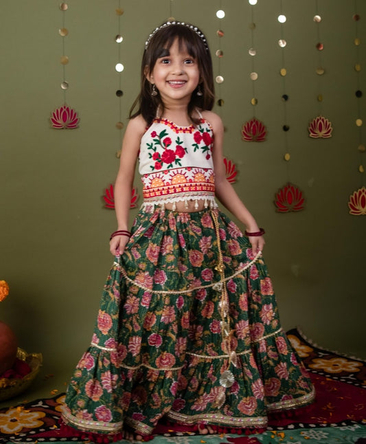 Green Gulmohar Cotton Lehenga Choli Set for Girls