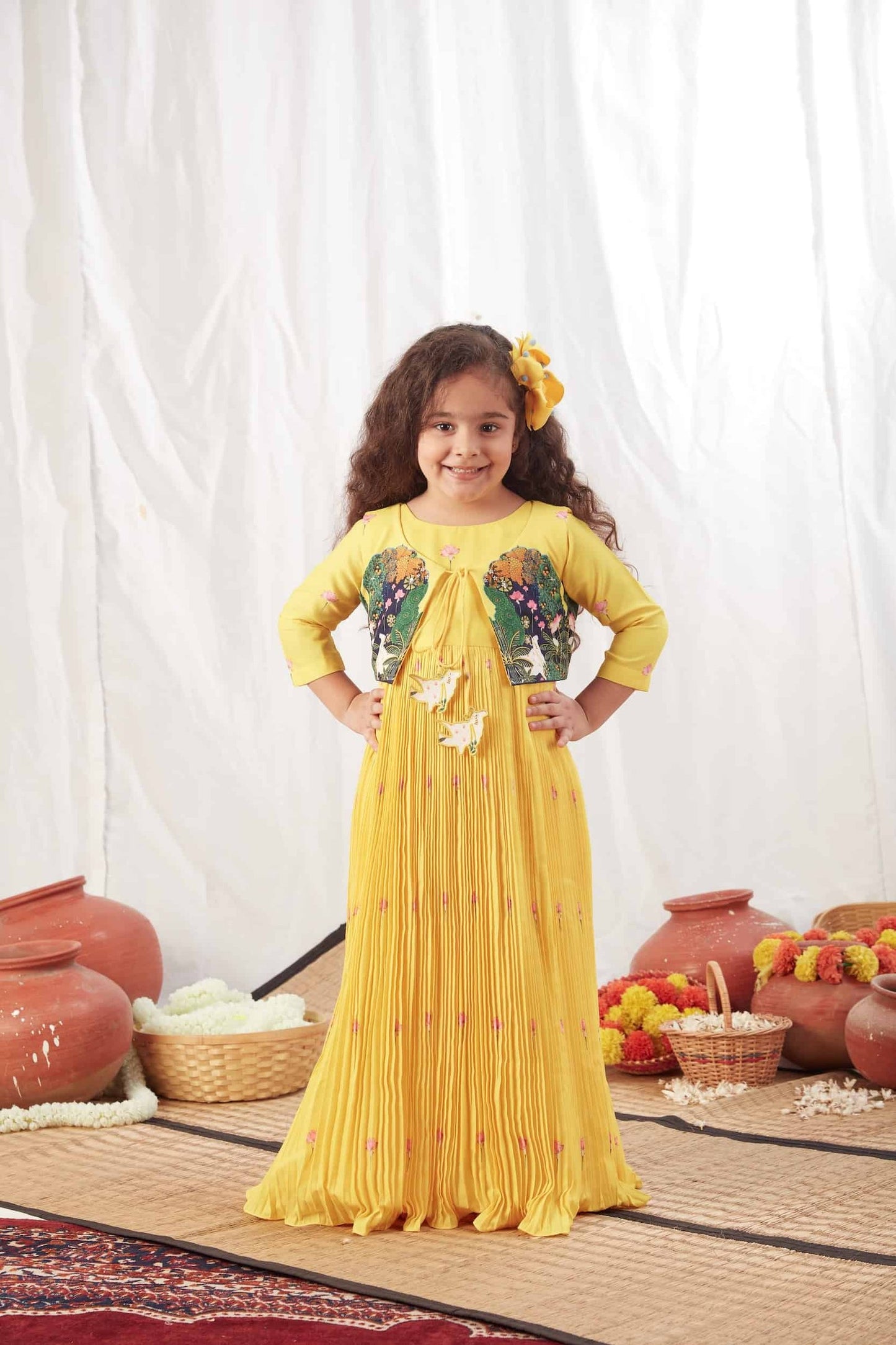 YELLOW PICHWAI PLEATED LONG DRESS WITH JACKET