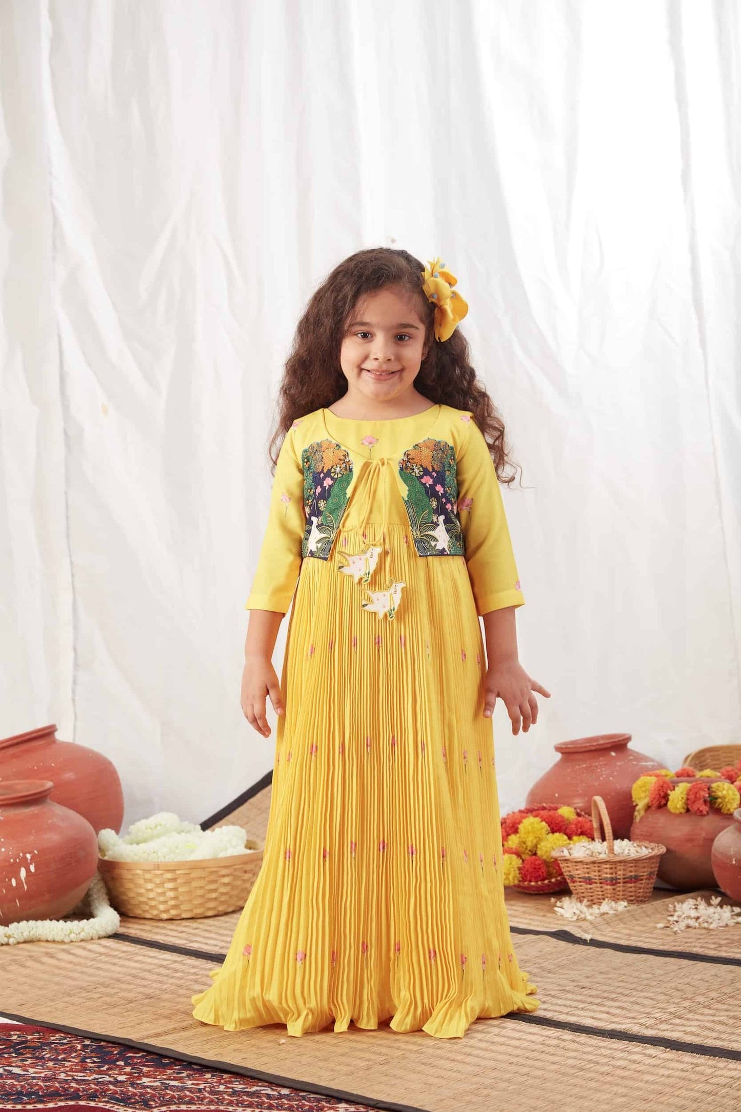 YELLOW PICHWAI PLEATED LONG DRESS WITH JACKET