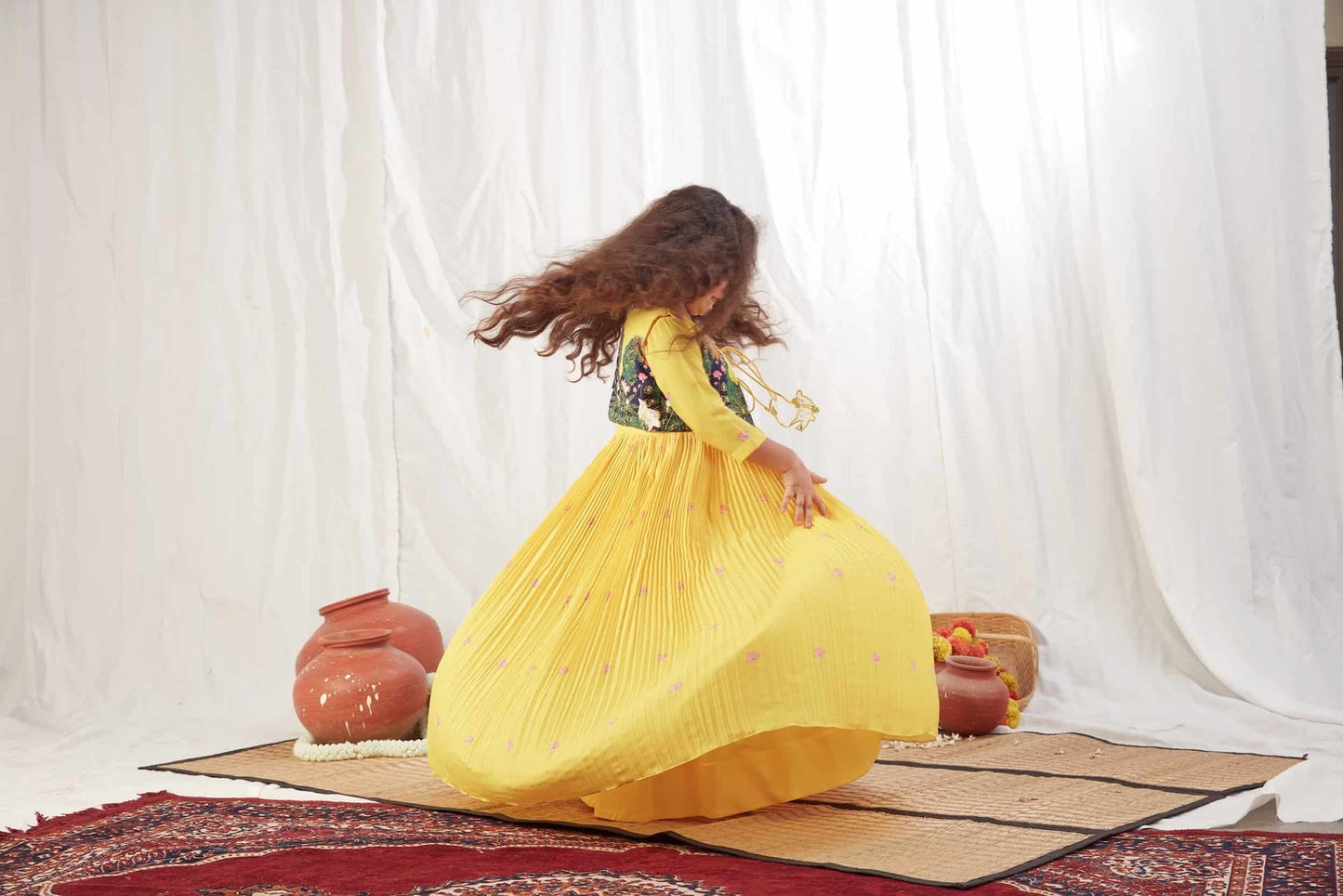 YELLOW PICHWAI PLEATED LONG DRESS WITH JACKET