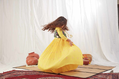 YELLOW PICHWAI PLEATED LONG DRESS WITH JACKET