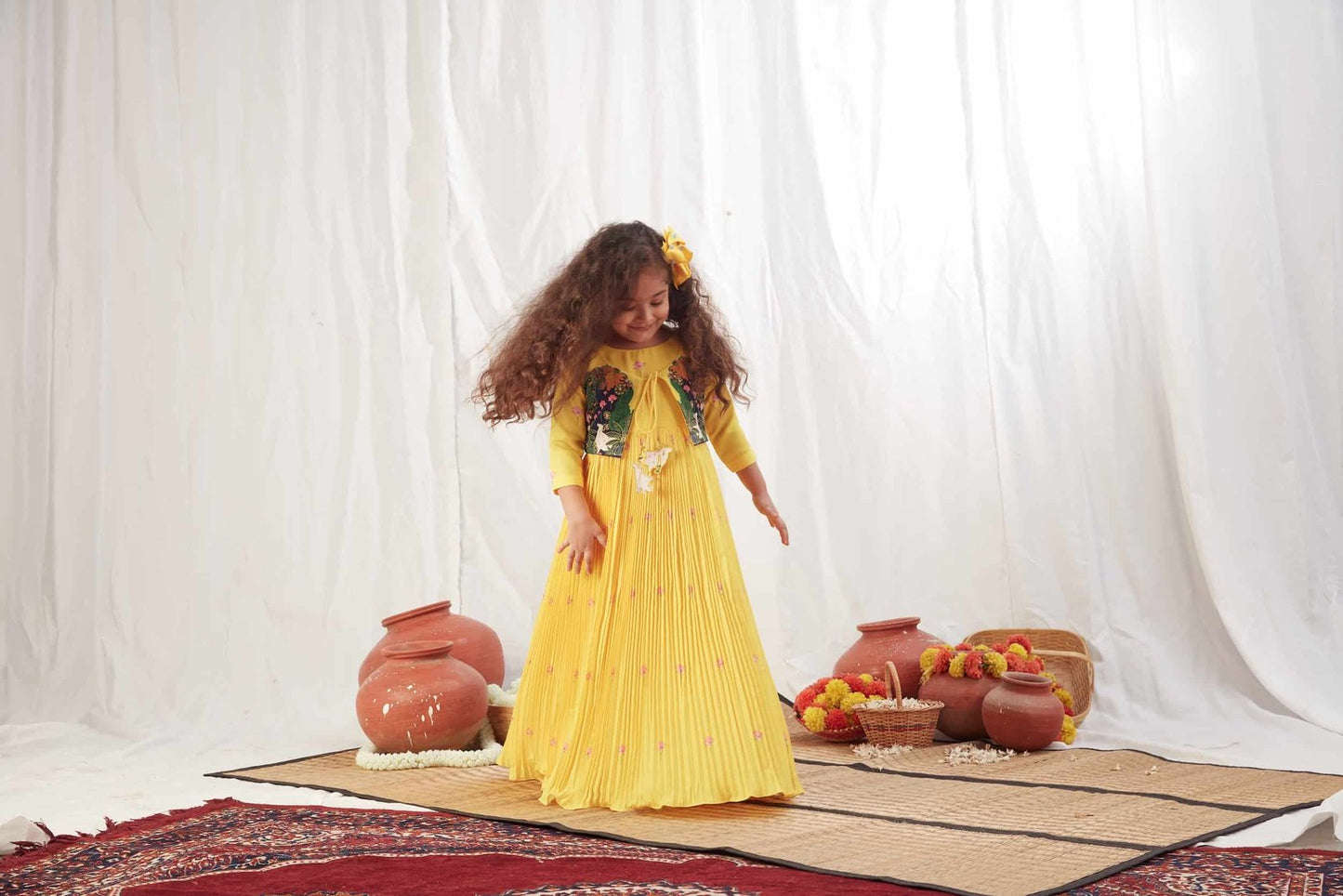 YELLOW PICHWAI PLEATED LONG DRESS WITH JACKET