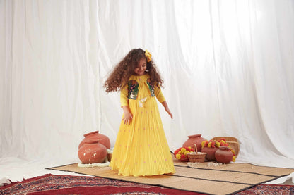 YELLOW PICHWAI PLEATED LONG DRESS WITH JACKET