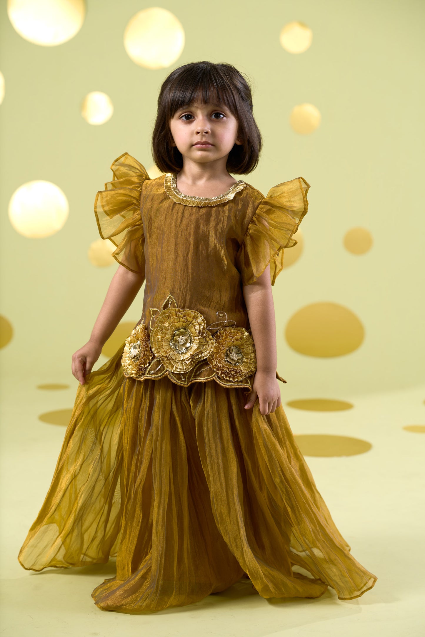 YELLOW GOTA FLOWERS SHARARA SET