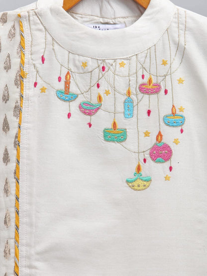OFF WHITE DIWALI ORNAMENTS EMBROIDERED KURTA PYJAMA SET