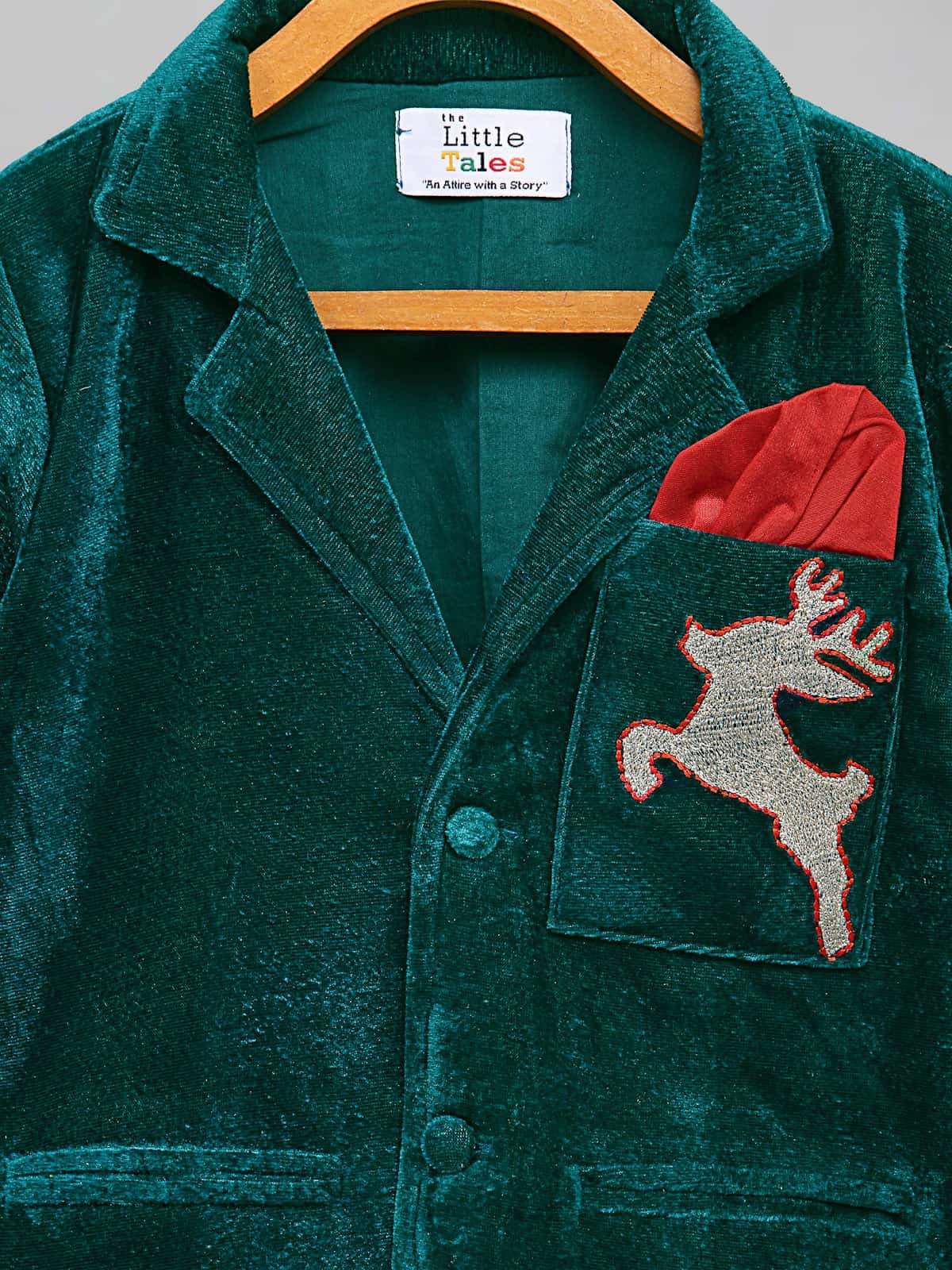 GREEN REINDEER EMBROIDERED VELVET BLAZER