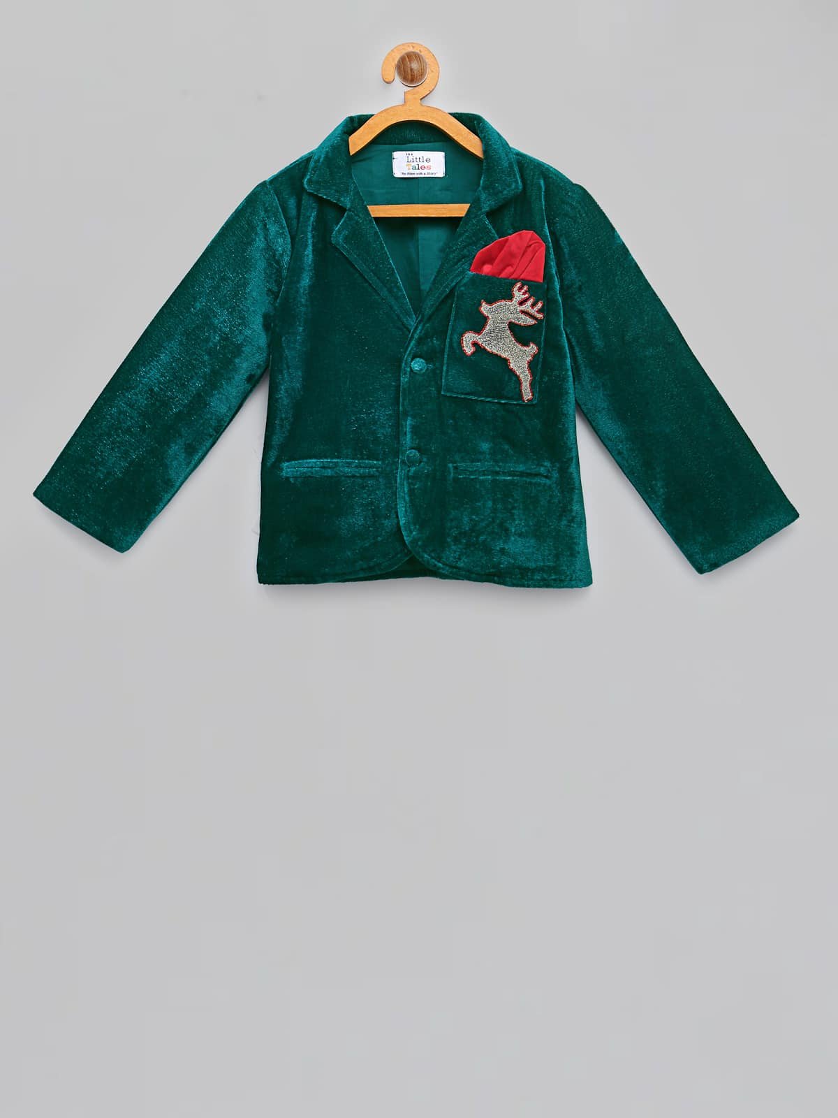 GREEN REINDEER EMBROIDERED VELVET BLAZER