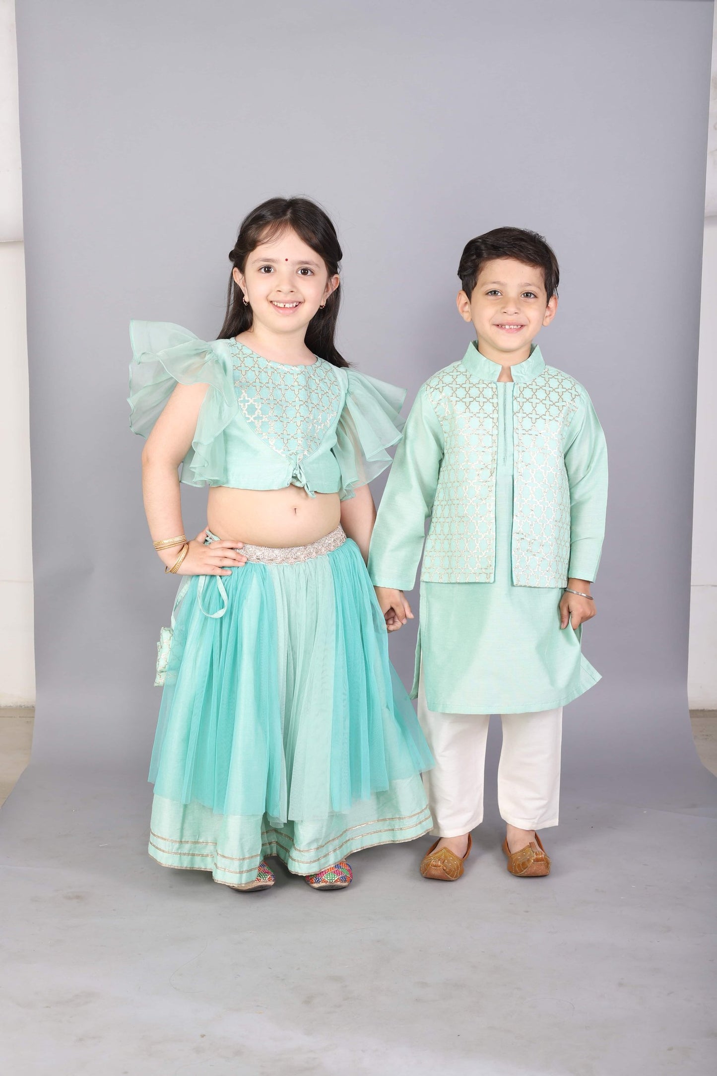 PASTEL GREEN KURTA WITH ATTACHED JACKET AND PYJAMA