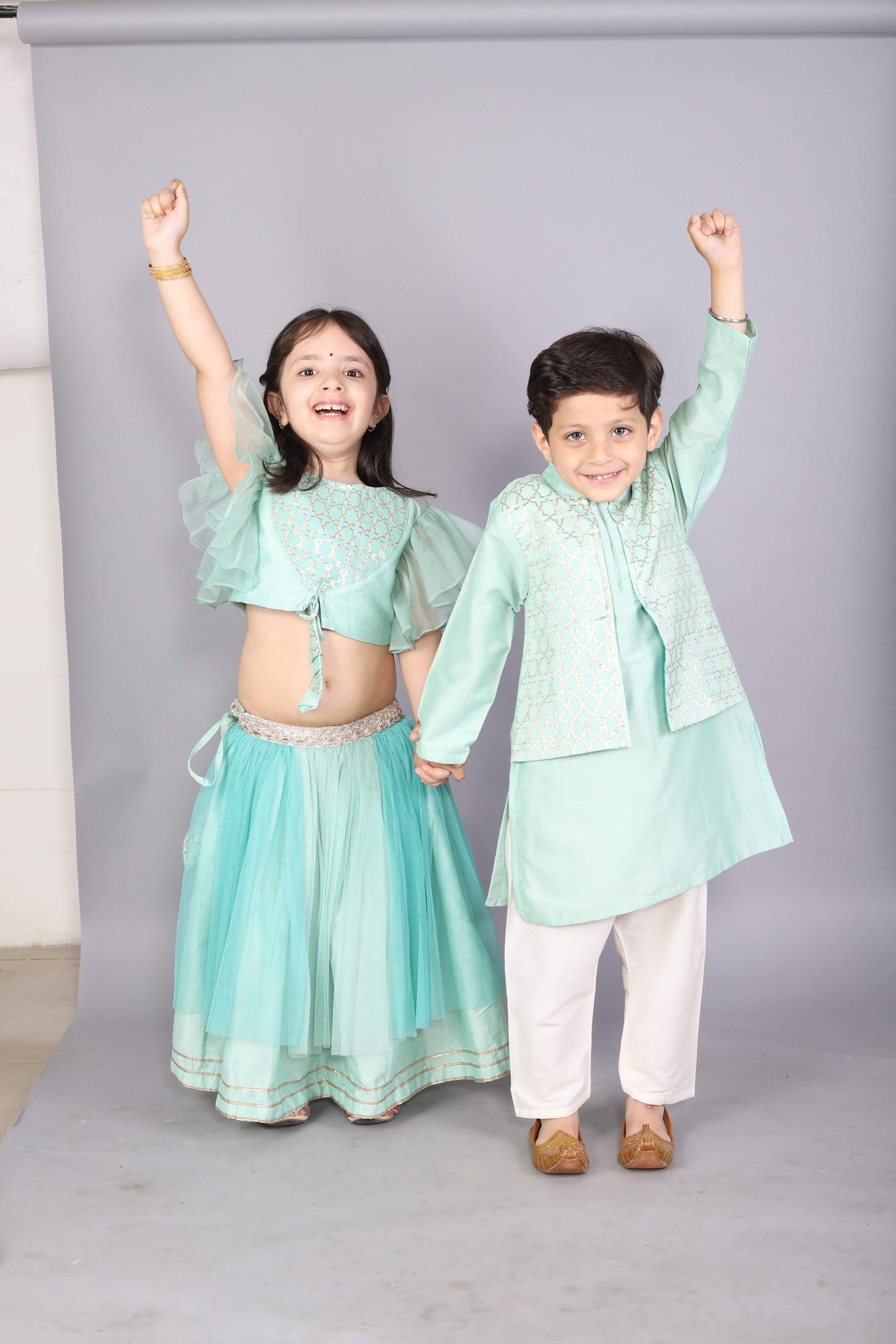 PASTEL GREEN KURTA WITH ATTACHED JACKET AND PYJAMA