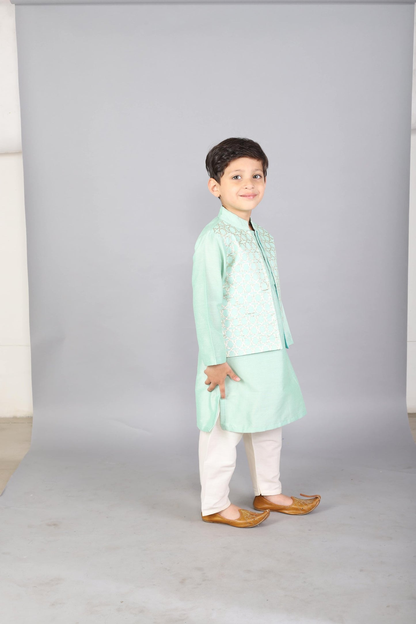 PASTEL GREEN KURTA WITH ATTACHED JACKET AND PYJAMA