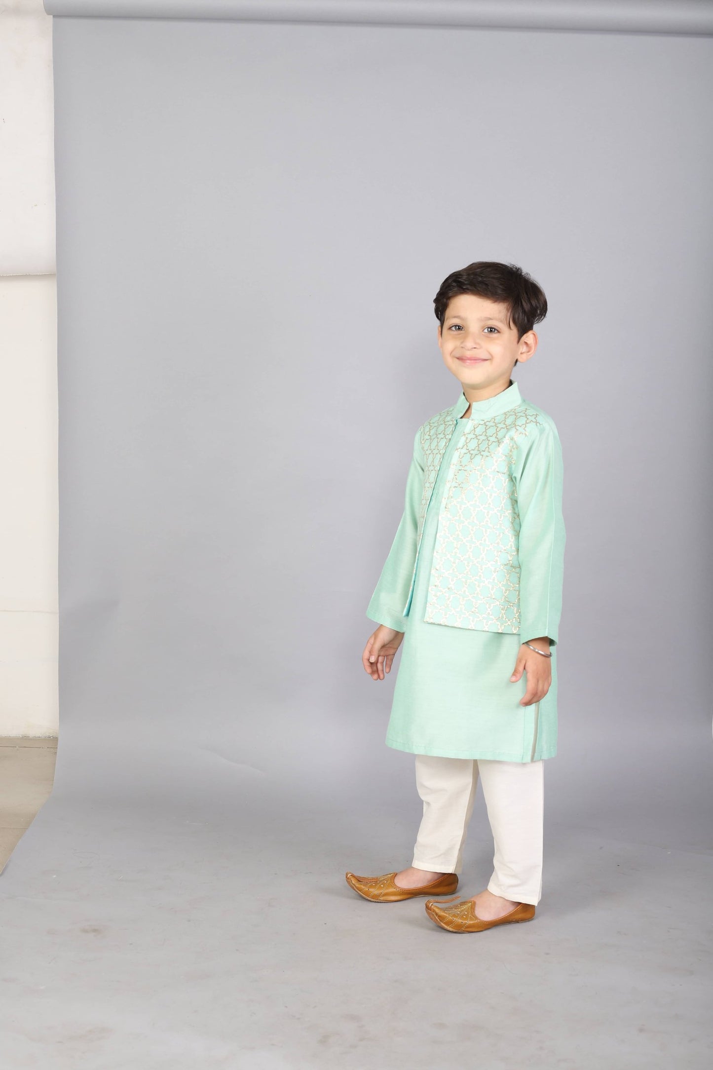 PASTEL GREEN KURTA WITH ATTACHED JACKET AND PYJAMA