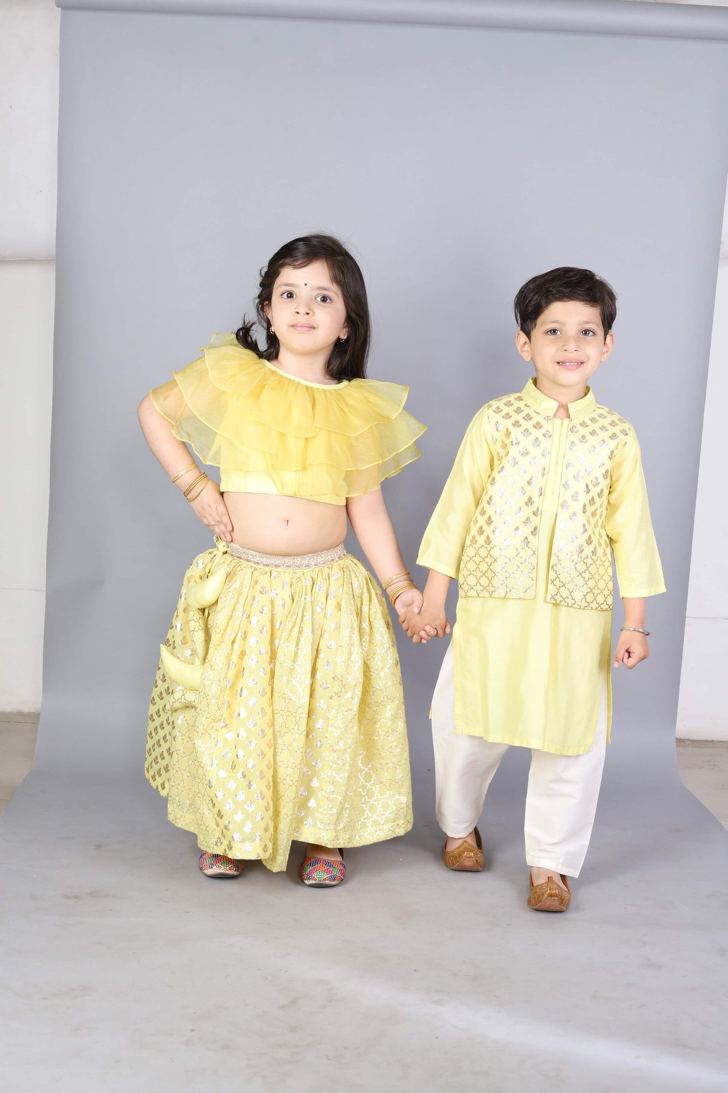 LIME YELLOW  KURTA WITH ATTACHED JACKET AND PYJAMA