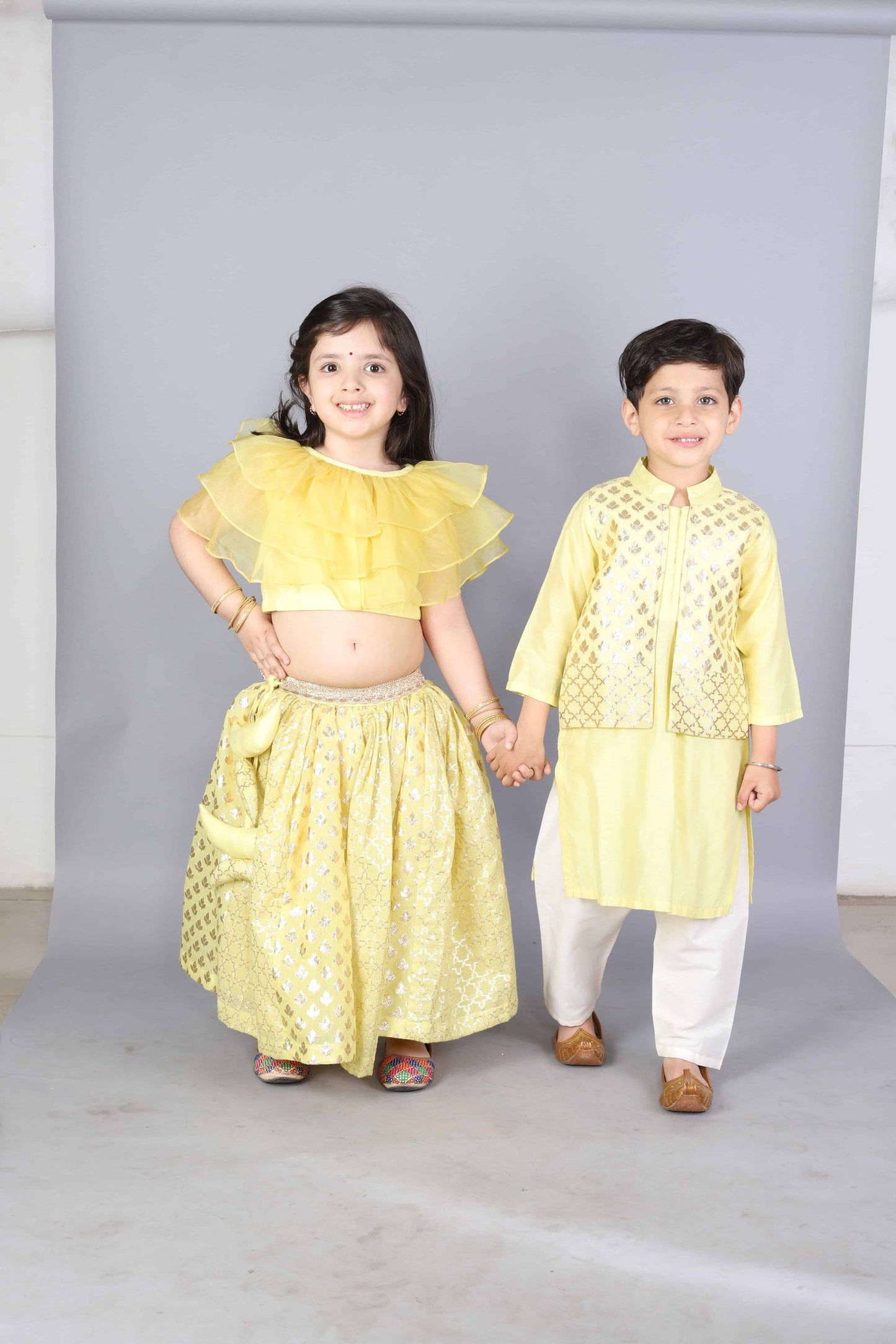 LIME YELLOW  KURTA WITH ATTACHED JACKET AND PYJAMA