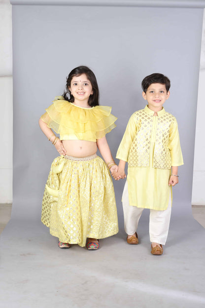 LIME YELLOW  KURTA WITH ATTACHED JACKET AND PYJAMA