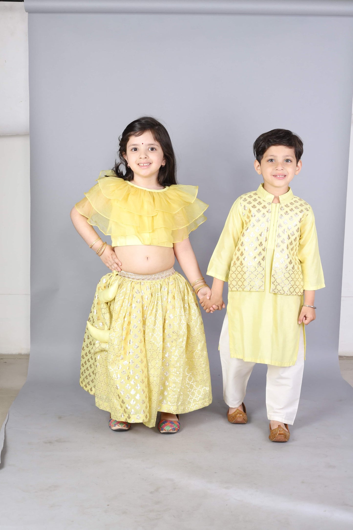 LIME YELLOW  KURTA WITH ATTACHED JACKET AND PYJAMA