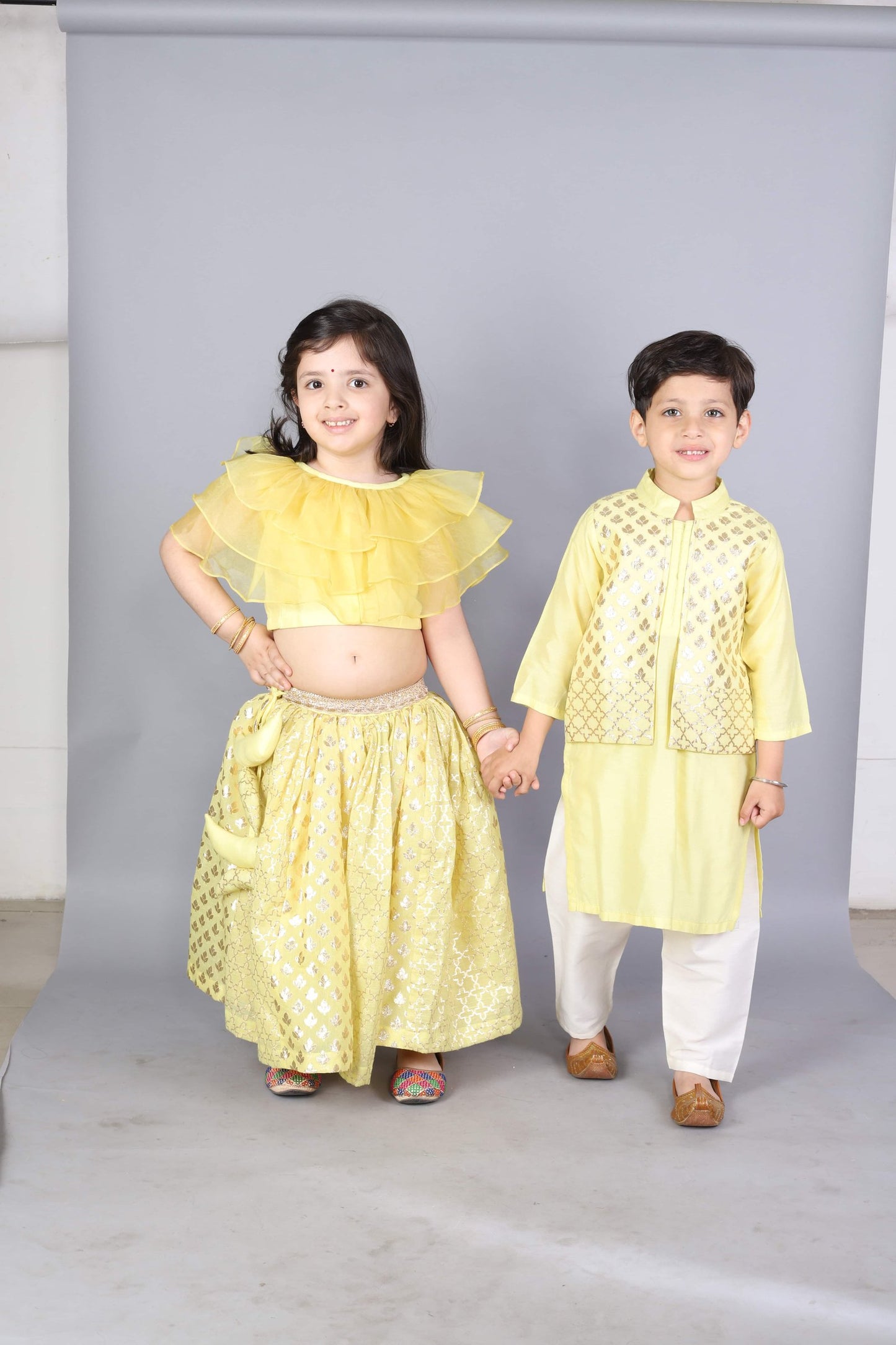 LIME YELLOW  KURTA WITH ATTACHED JACKET AND PYJAMA