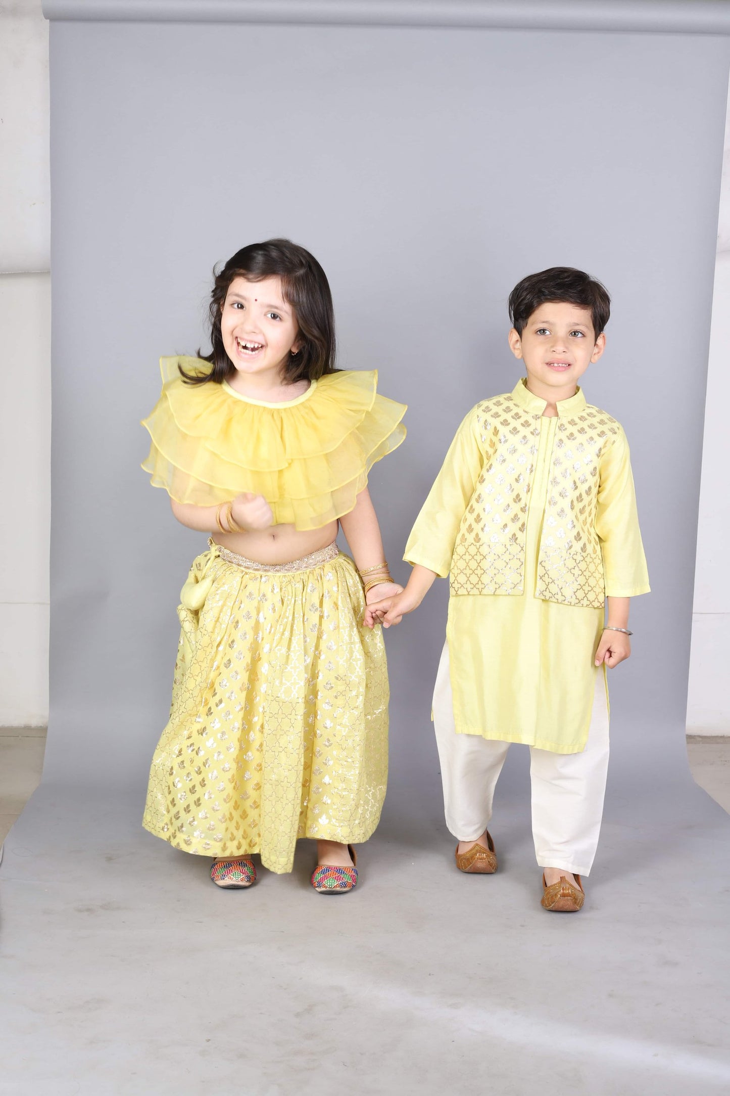 LIME YELLOW  KURTA WITH ATTACHED JACKET AND PYJAMA