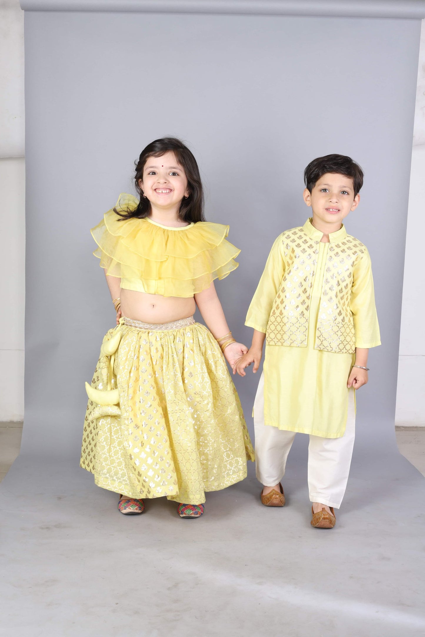 LIME YELLOW  KURTA WITH ATTACHED JACKET AND PYJAMA