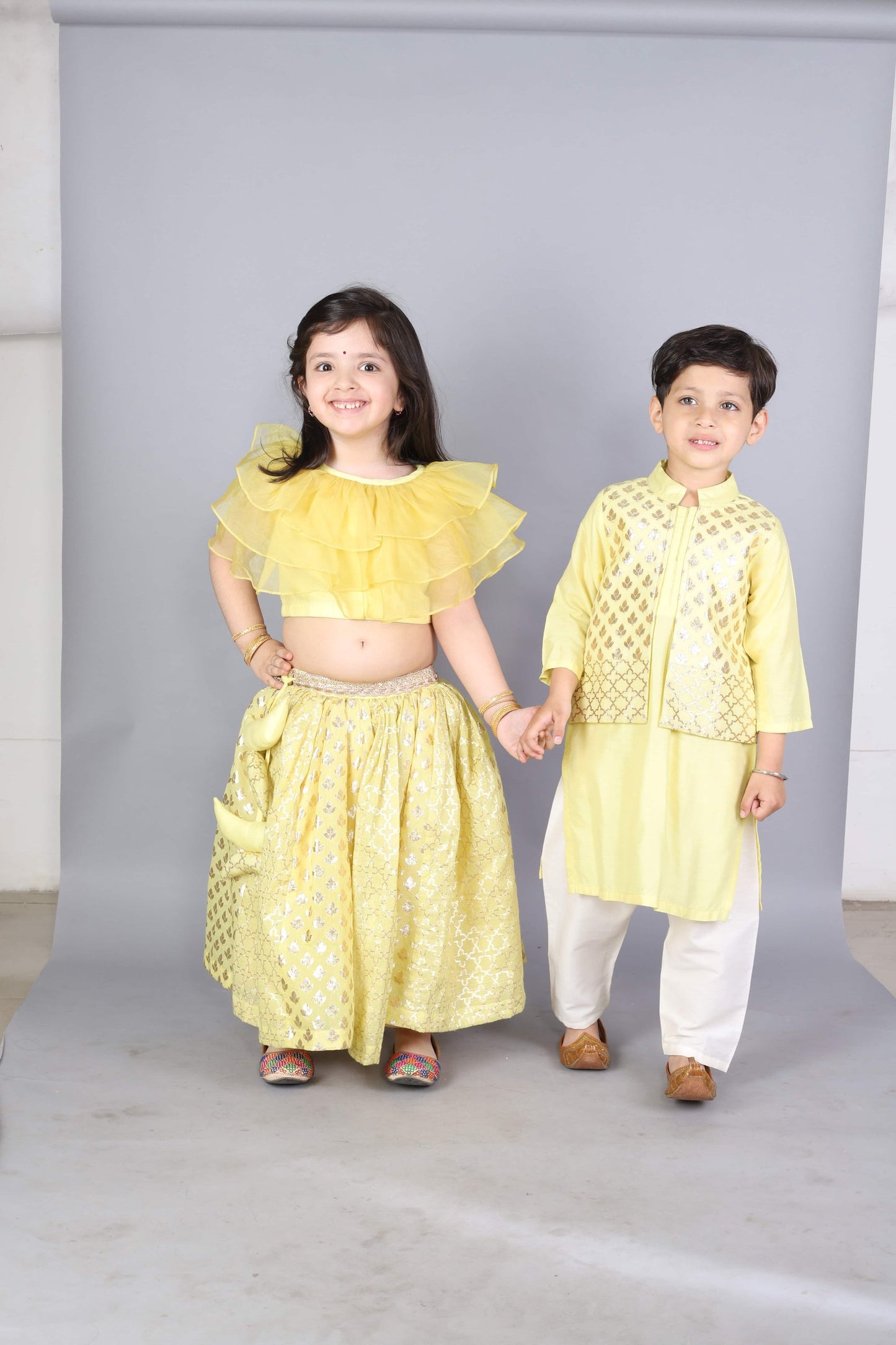 LIME YELLOW  KURTA WITH ATTACHED JACKET AND PYJAMA