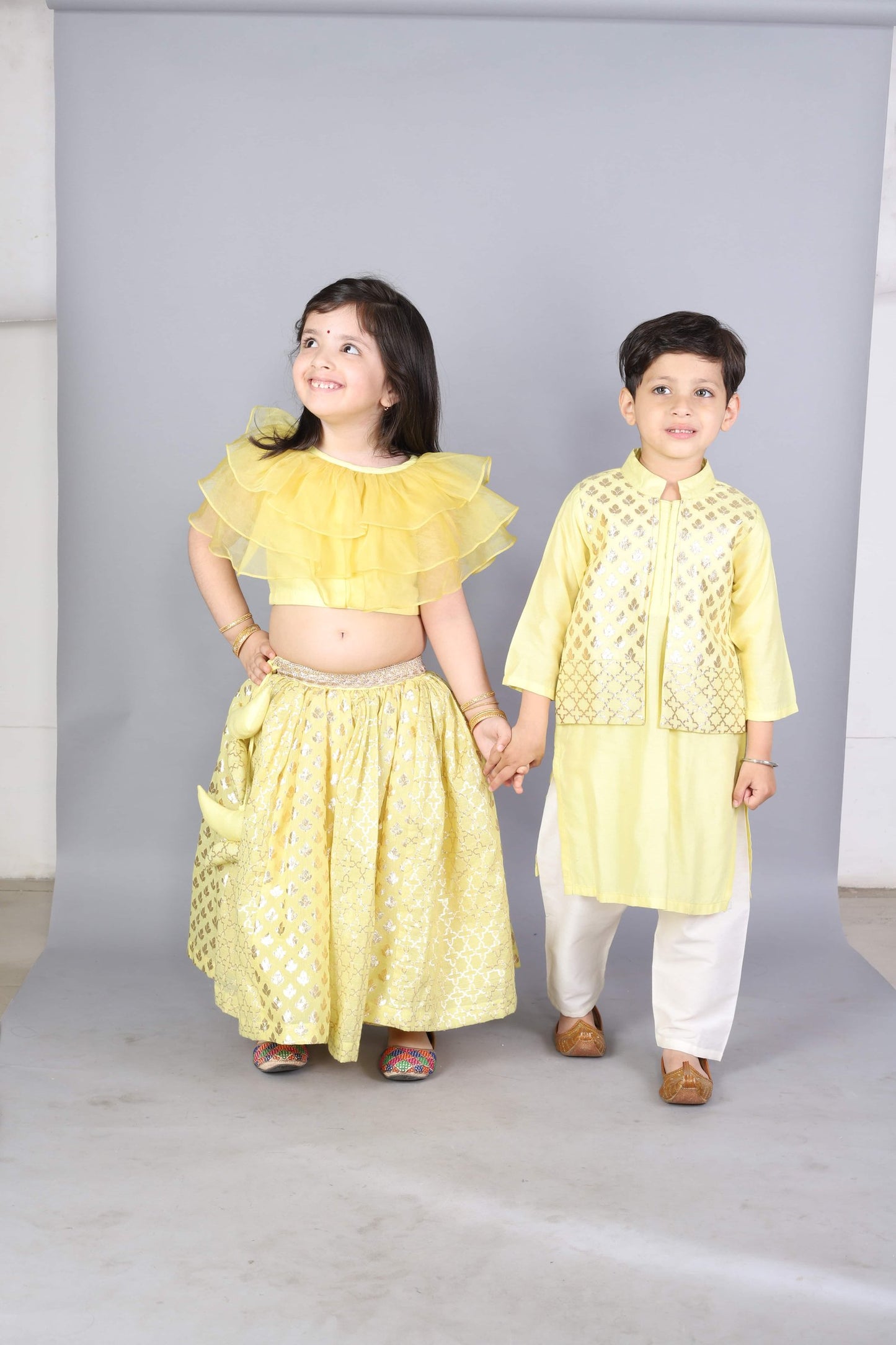 LIME YELLOW  KURTA WITH ATTACHED JACKET AND PYJAMA