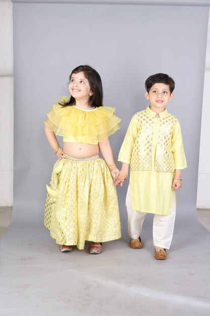LIME YELLOW  KURTA WITH ATTACHED JACKET AND PYJAMA