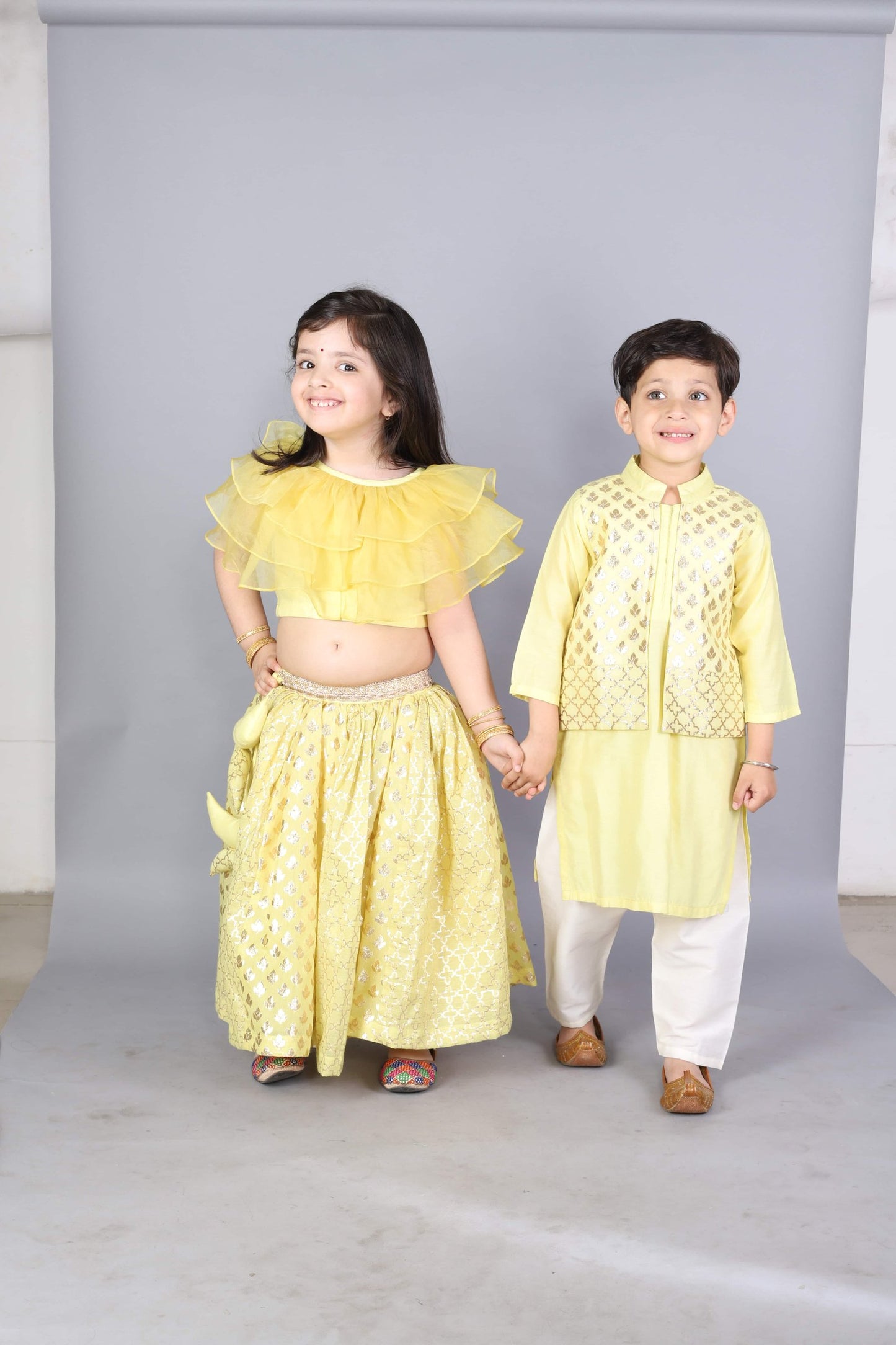 LIME YELLOW  KURTA WITH ATTACHED JACKET AND PYJAMA