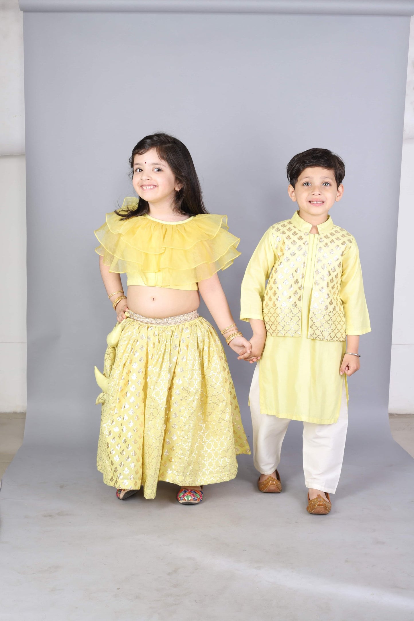 LIME YELLOW  KURTA WITH ATTACHED JACKET AND PYJAMA
