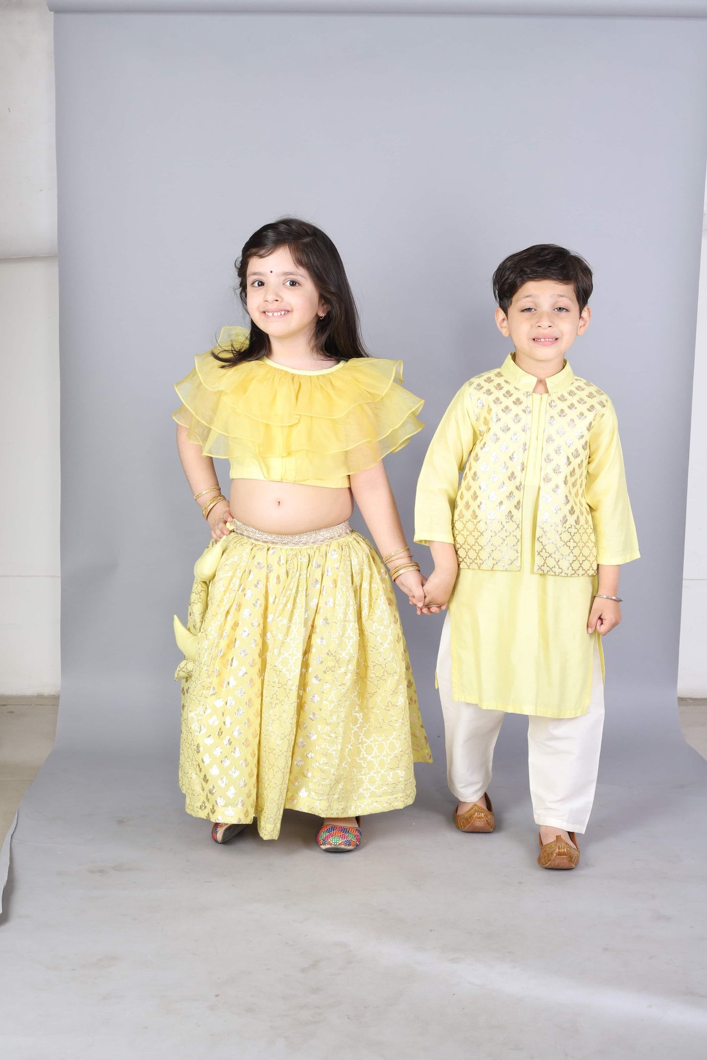 LIME YELLOW  KURTA WITH ATTACHED JACKET AND PYJAMA