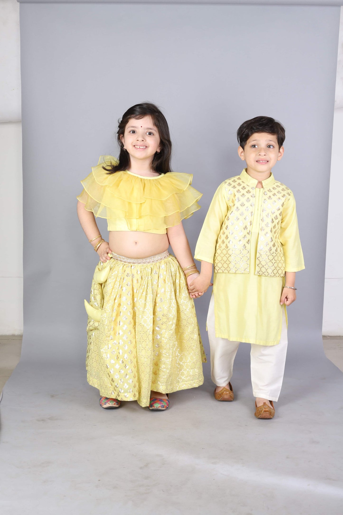 LIME YELLOW  KURTA WITH ATTACHED JACKET AND PYJAMA
