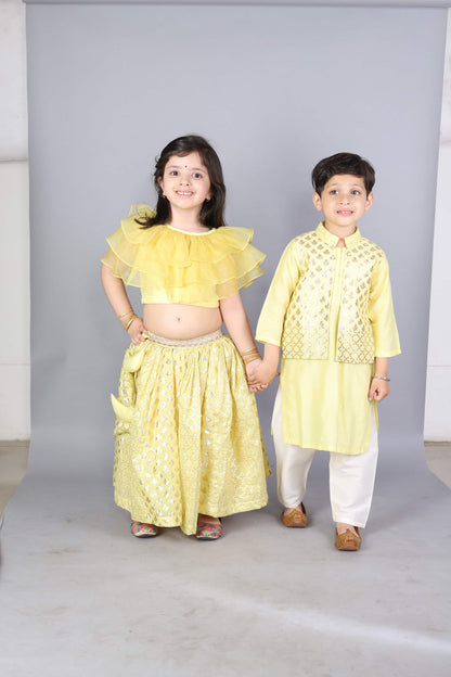 LIME YELLOW  KURTA WITH ATTACHED JACKET AND PYJAMA